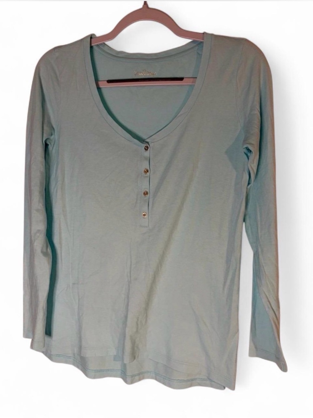 Lilly Pulitzer Etta Henley Top Light Blue Pima Cotton Long Sleeve V-Neck XS
